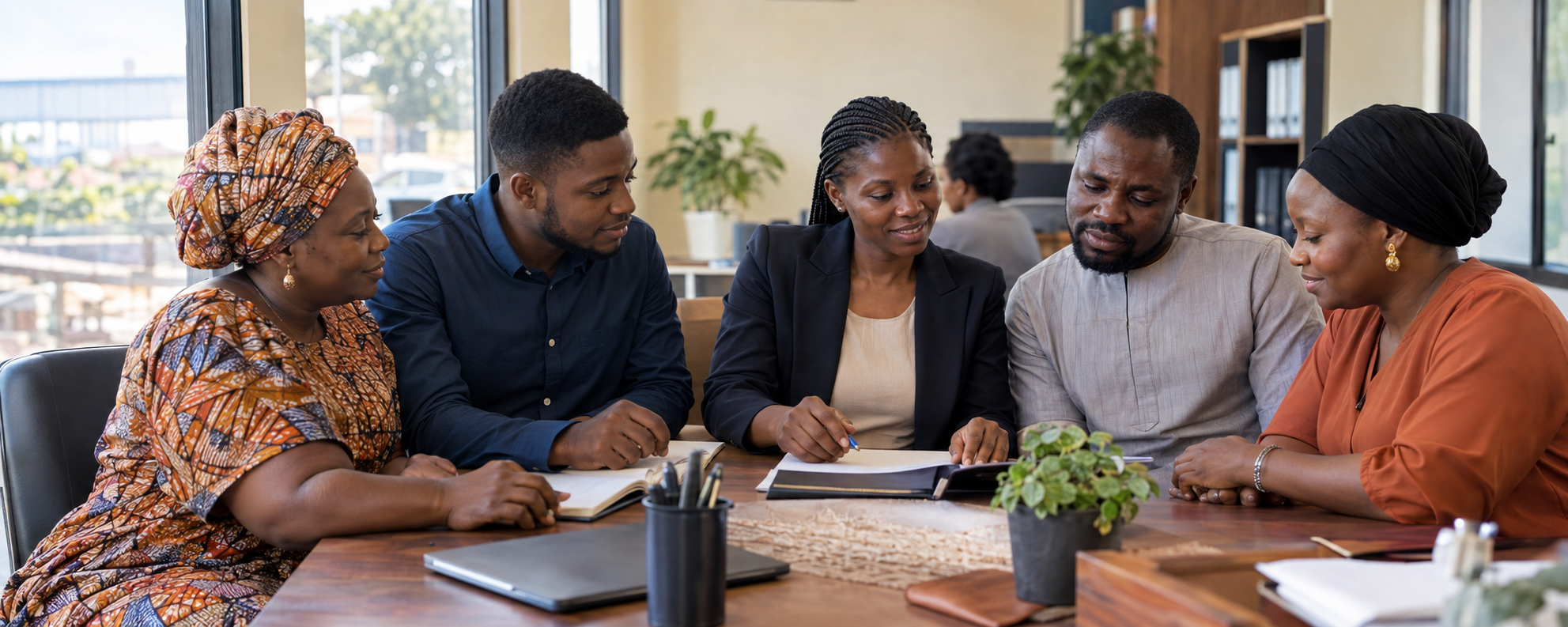 Members of a Nigerian cooperative reviewing a savings plan together