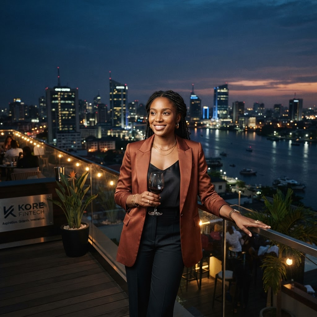 A professional standing above the Lagos skyline at dusk